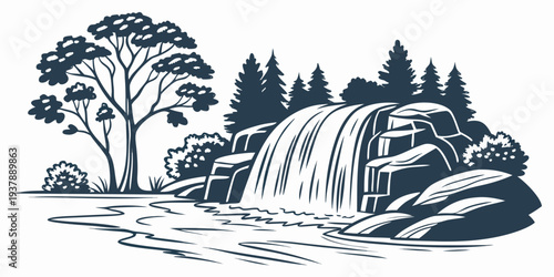 A serene waterfall surrounded by trees and rocks Vector