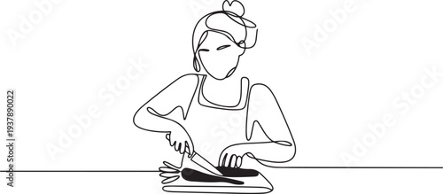 Continuous one line design of young woman cutting carrots. Cute cooking art character. Editable stroke