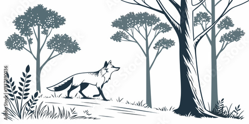 A wolf walks through a forest with trees Vector