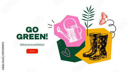 Hand drawn vintage eco-friendly collage banner with doodle sketch elements. Vector isolated illustration. Ecology , gardening, recycling, agricultural, green, climate, farm design concept