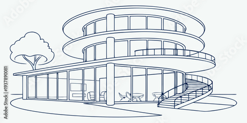 A blue and white drawing of a house with a tree Vector