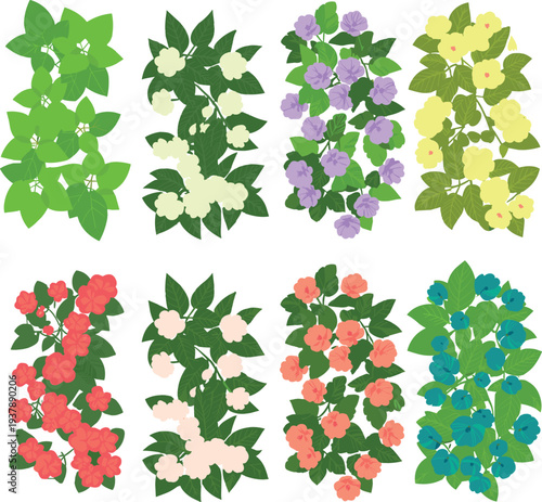 Collection of colorful flowering plants and leafy bushes vector set, decorative garden flowers illustration bundle for nature design, spring botanical clipart isolated pack