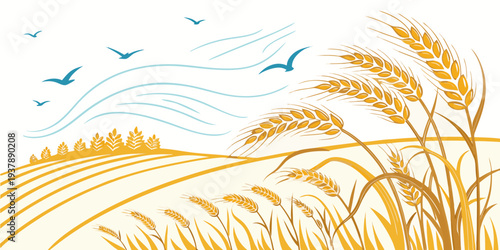 A yellow field of wheat with birds flying overhead Vector