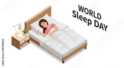 Isometric illustration of a woman sleeping peacefully in bed on World Sleep Day with a nightstand and lamp beside her, promoting healthy sleep habits and awareness in a colorful and calming