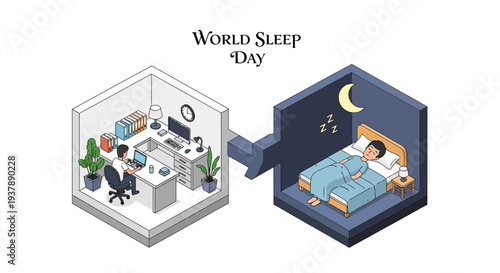 Isometric illustration of a person sleeping peacefully in bed on World Sleep Day with a daytime office scene connected, promoting healthy sleep concept and awareness campaign.