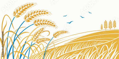 A serene landscape of golden wheat field with blue birds flying overhead Vector