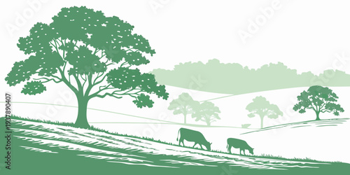 A serene landscape with trees and animals grazing Vector