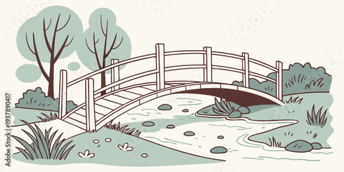 A small bridge in a park with trees and grass Vector