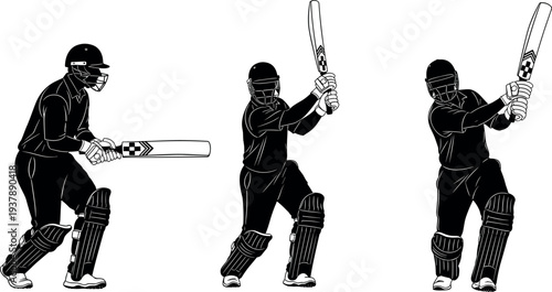 Cricket batsman silhouettes set playing different batting shots with bat and protective gear, professional cricket sport action illustration isolated on white background