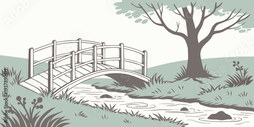 A small wooden bridge leading to a fenced area next to a tree Vector