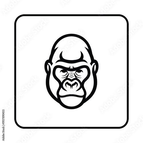 Detailed illustration of a gorilla's face in a black and white line art style within a square frame