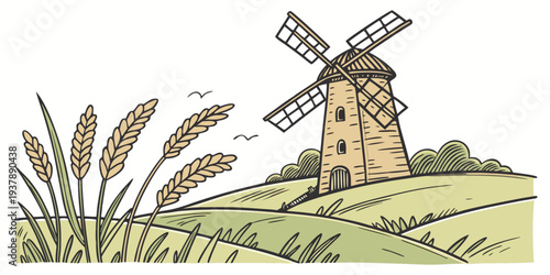 A small windmill on a green hill with grass and wheat Vector