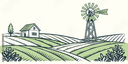 A farm with a windmill and a house Vector