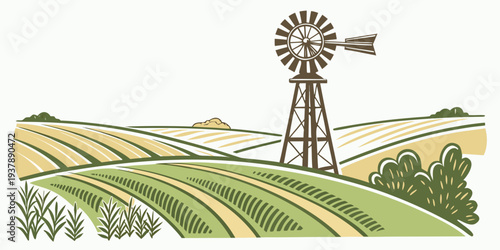 A windmill standing tall in a field of green and yellow crops Vector