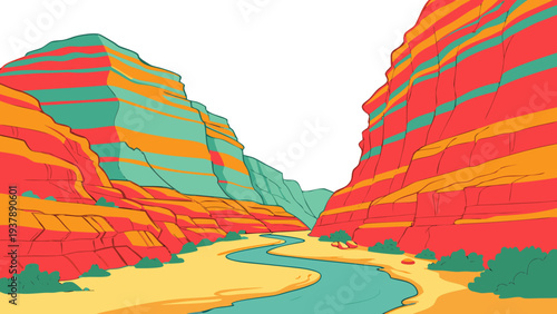 A colorful illustration of a canyon with a river running through it Vector