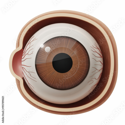 Human eye anatomy with brown iris and red vessels