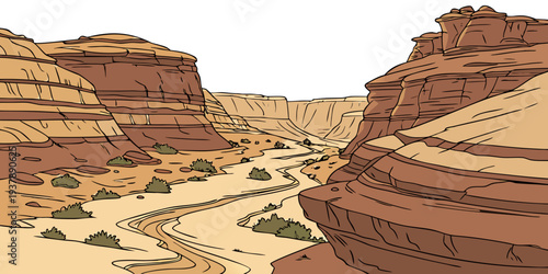 A desert canyon with a sandy path and rocky cliffs Vector
