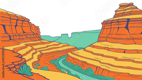 A colorful illustration of a desert canyon with a river running through it Vector