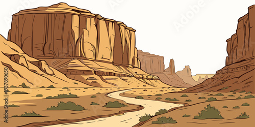 A desert landscape with a river running through it Vector