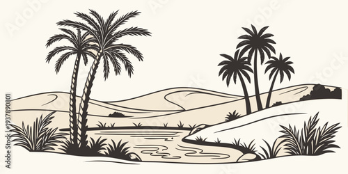 A desert landscape with palm trees and sandy dunes Vector