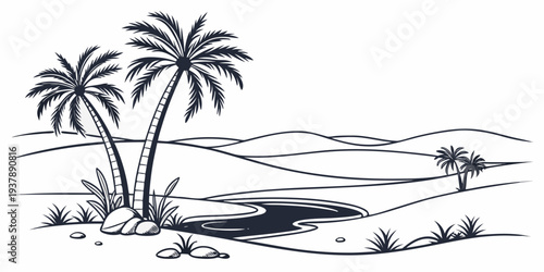 A black and white drawing of a beach with two palm trees Vector
