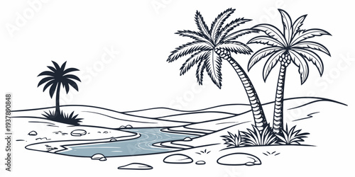 A small island with palm trees and a body of water Vector