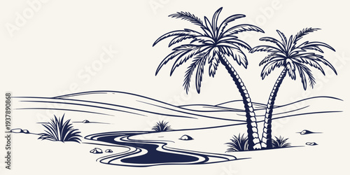 A serene beach scene with two palm trees Vector