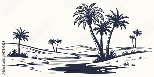 A black and white drawing of a tropical island with palm trees on the beach Vector