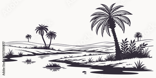 A black and white drawing of a tropical island with palm trees Vector