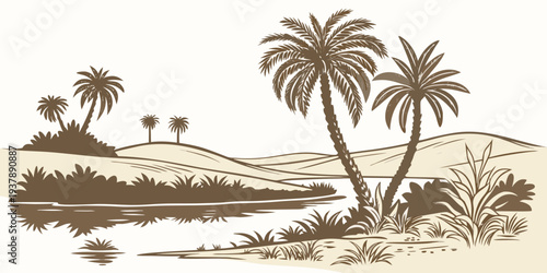 A serene desert landscape with palm trees and a body of water Vector