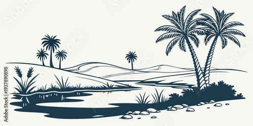 A serene tropical landscape with palm trees and a body of water Vector
