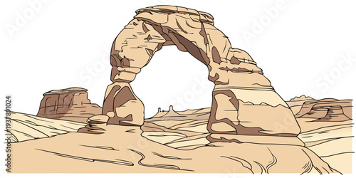 A large rock arch in the desert with a white background Vector