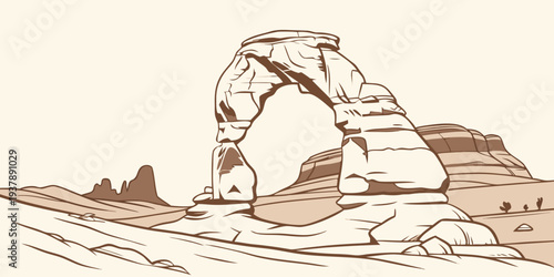 A brown and white drawing of a rocky arch Vector