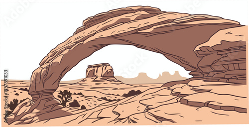 A large rock arch in the desert with a clear sky Vector