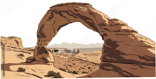 A large rock arch in the desert with a clear sky Vector