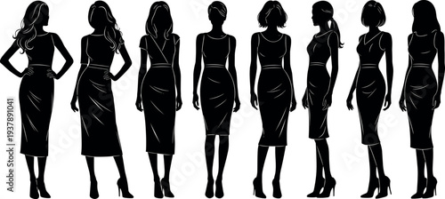 Elegant women silhouette collection in fashionable dresses stylish female figures standing poses isolated vector set for fashion design modeling presentation and beauty concept