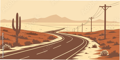 A desert road with a cactus and power lines Vector