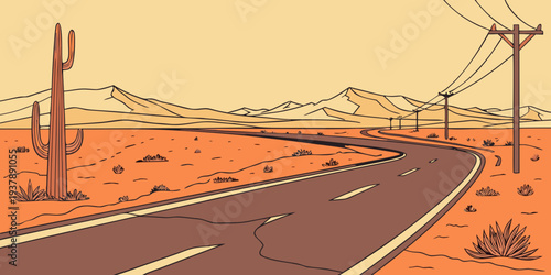 A desert road with a cactus and power lines Vector