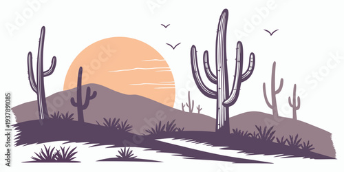 A desert landscape with cacti and a sunset Vector