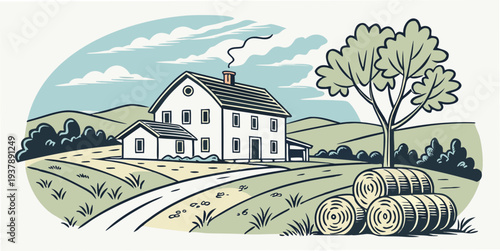 A white house with a tree in a rural landscape Vector