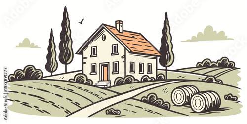 A house on a farm with a field and trees Vector