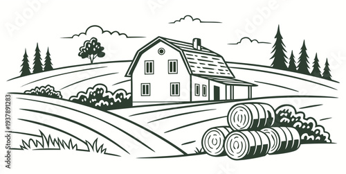 A house and farm fields with a tractor and trees Vector