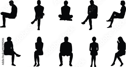 Collection of sitting people silhouettes in various poses, men and women seated on chair isolated on white background, body language and waiting concept