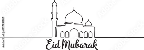 Continuous one line drawing mosque line concept. Eid Mubarak, Eid Fitr, Ramadan Kareem. vector minimalist design islamic mosque. Editable stroke