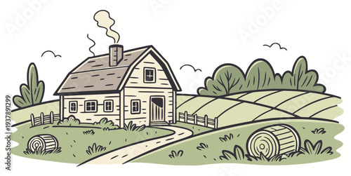 A house in the countryside with a field and trees Vector