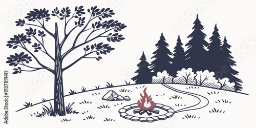 A campfire burns in a snowy forest clearing Vector