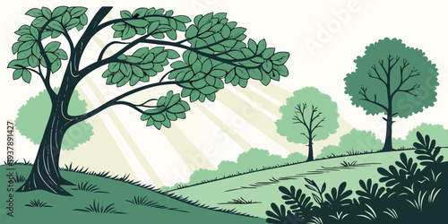 A serene landscape with trees and sun rays Vector