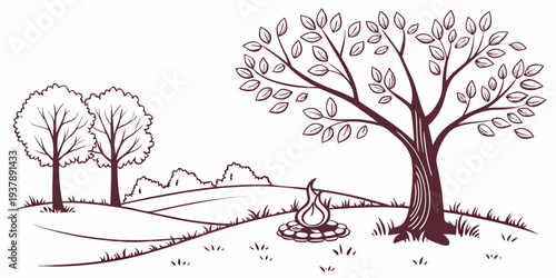 A red drawing of trees and a house in a rural landscape Vector