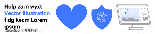Data protection, cybersecurity, digital identity, online healthcare, secure access, technology interface. Blue heart, fingerprint shield computer screen. Data protection and cybersecurity concept