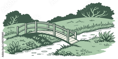 A small wooden bridge over a stream in a rural landscape Vector